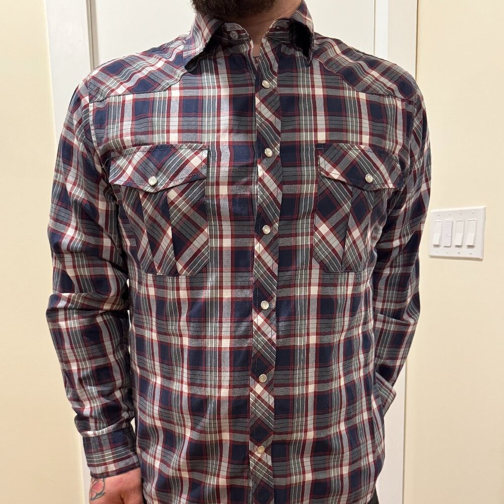 western plaid button down, snap buttons, large